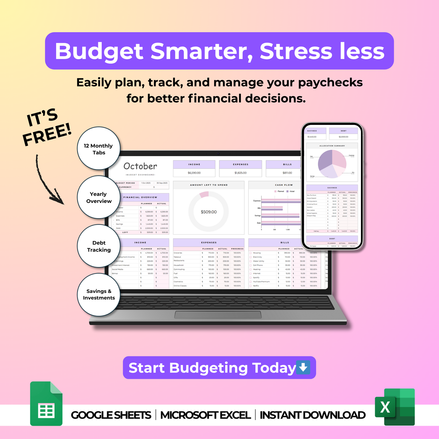 Budgeting Template For Google Sheets & Excel (all currencies)